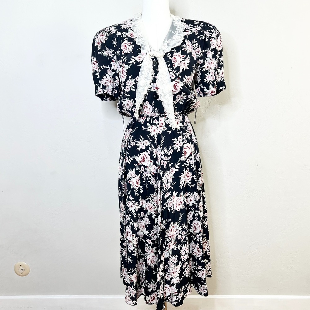 Vintage E.D. Michaels Floral Lace Collar Midi Dress Black Pink USA Made Size 6‎
